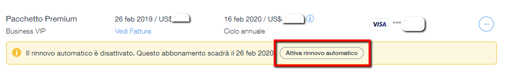 riattivazione di un pacchetto cliccando sul tasto per il rinnovo automatico