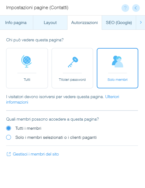 Il pannello Autorizzazioni per la homepage di un sito Wix. La pagina è visibile solo ai membri