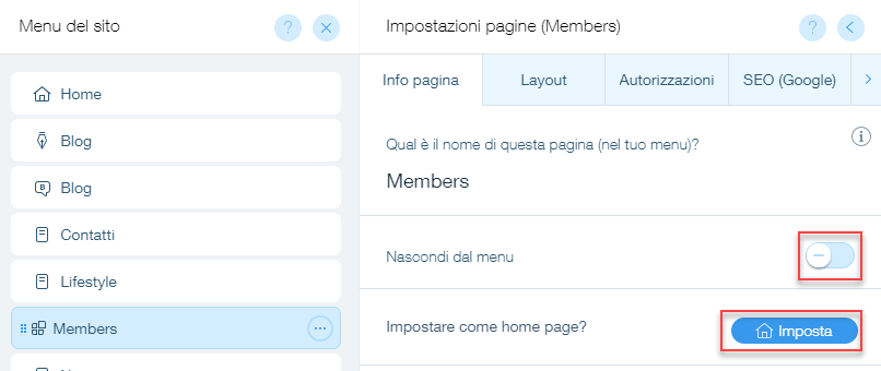 Il pannello delle informazioni sulla homepage di un sito Wix