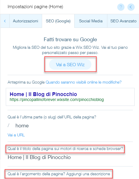 La scheda SEO base nella home page di un sito Wix. Sono stati aggiunti una descrizione e un titolo