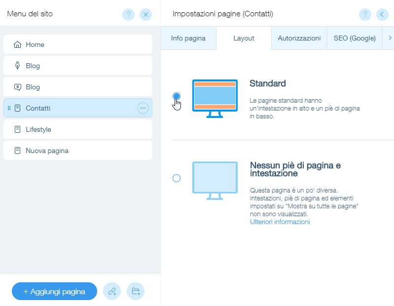 Il pannello Layout per la homepage di un sito Wix. Il layout standard è stato selezionato