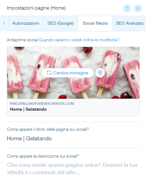 Il pannello di condivisione sui social nella homepage di un sito Wix. È stata aggiunta l'immagine con dei gelati