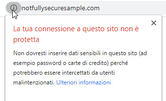 Notifica di Google che mostra un indirizzo web non sicuro