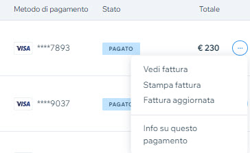 Screenshot che mostra come stampare una fattura per un abbonamento Wix