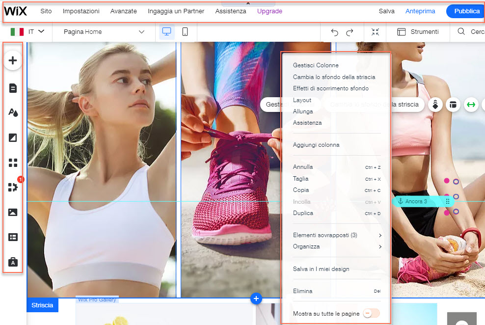 Editor Wix. I tre menu sono evidenziati nella pagina.