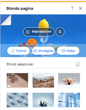 La scheda Sfondo pagina del pannello Design sito. Il cursore si trova sull'opzione per aggiungere un video