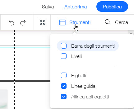 Screenshot ravvicinato che mostra il pannello degli strumenti nell'Editor Wix.