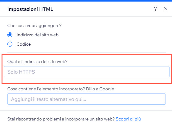 Il pannello HTML nell'Editor Wix. Si sta aggiungendo l'indirizzo del sito web