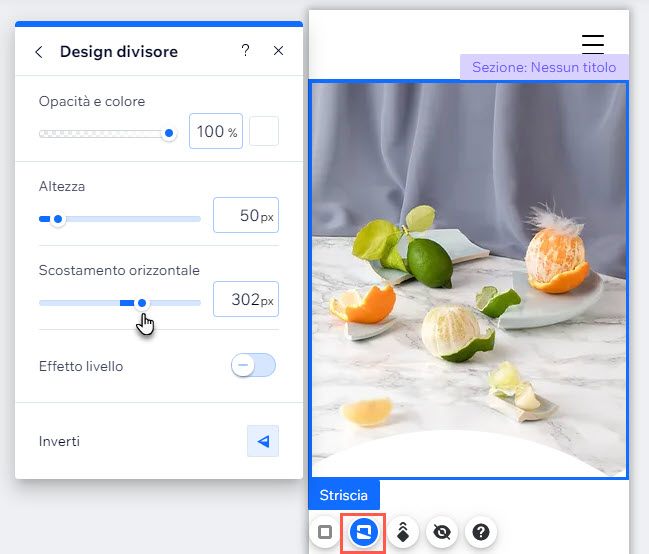 Il pannello di design di un divisore forme nell'Editor Mobile