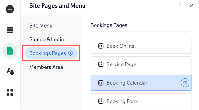 A screenshot showing how to access the Booking Calendar page in the Wix Editor.