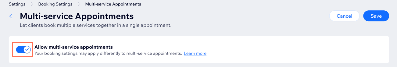 A screenshot showing where you enable/disable the multi-service appointment toggle.