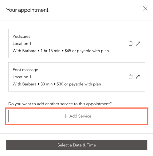 Capture d'écran montrant comment ajouter un autre service à votre rendez-vous.