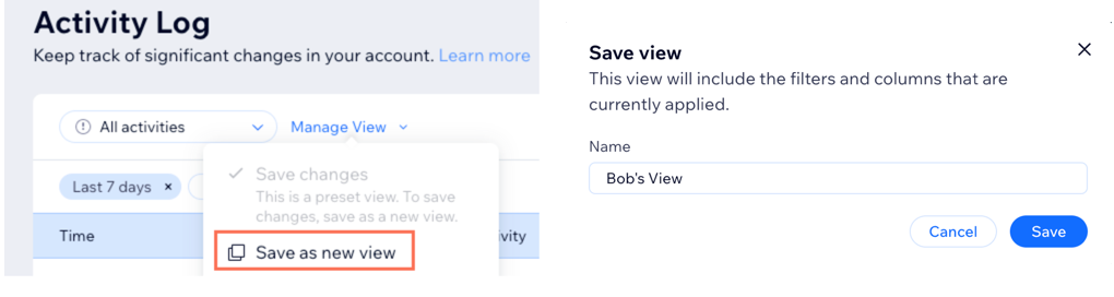 A screenshot showing how to save a new view on the Activity Log with filters.