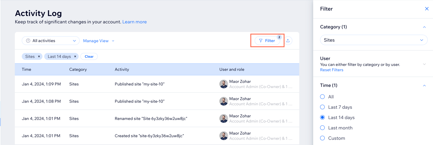 A screenshot showing an example of a filtered Activity Log.