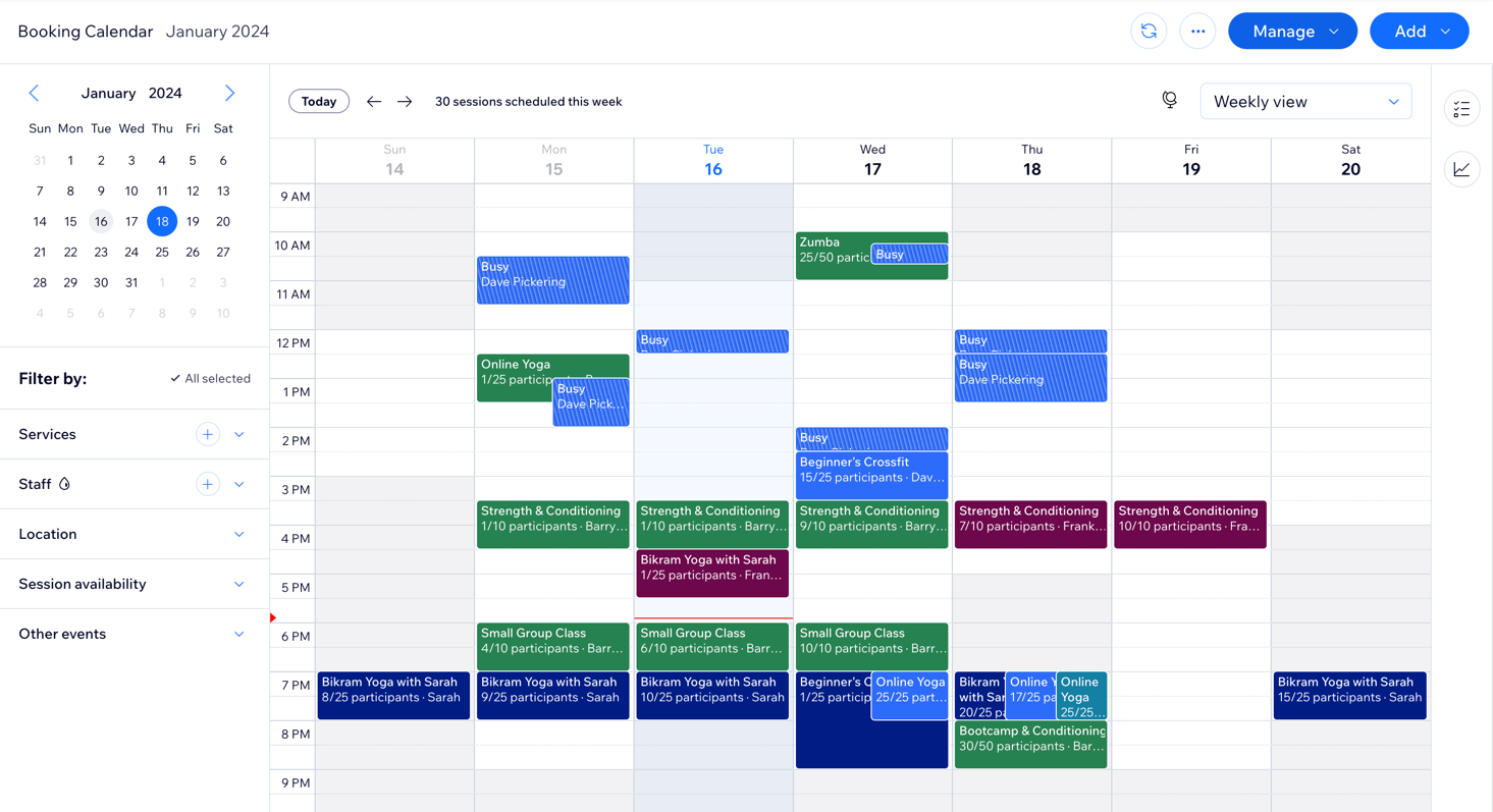 Screenshot che mostra il calendario delle prenotazioni