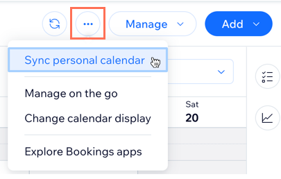 A screenshot showing how to sync personal calendar from the more actions drop-down.