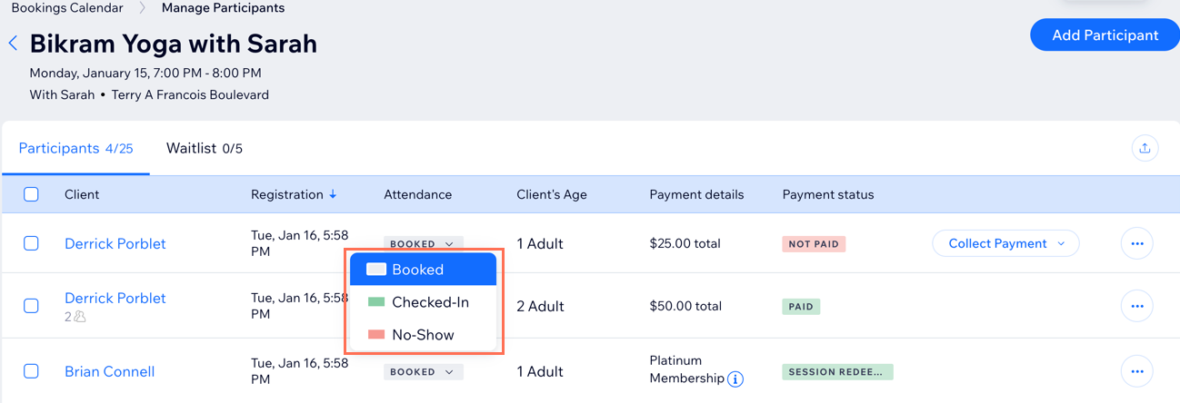 A screenshot showing how to update a client's attendance.