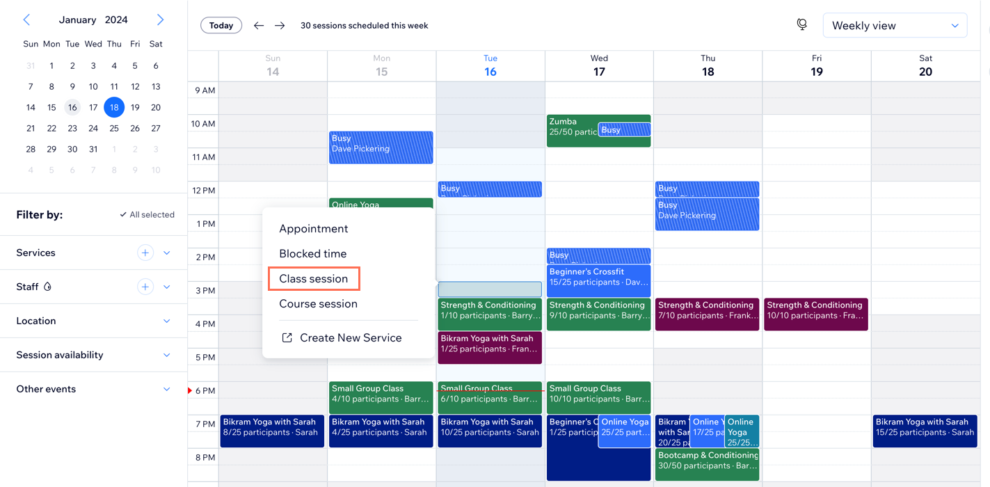 A screenshot showing how to schedule a class session from the booking calendar.