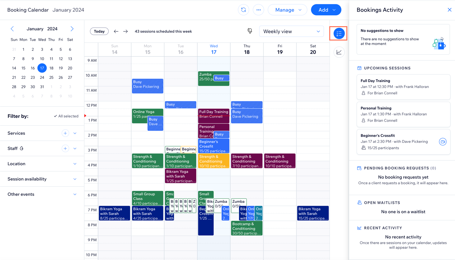 Screenshot che mostra il pannello attività nel calendario delle prenotazioni