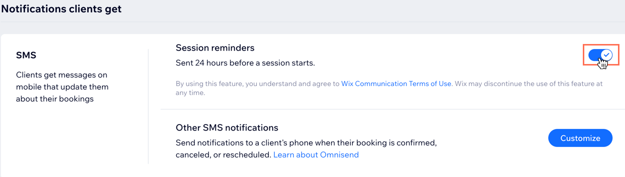 A screenshot showing how to enable SMS notifications from the booking settings section of the dashboard.