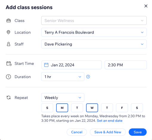 A screenshot showing where to add the details when scheduling  a new class.