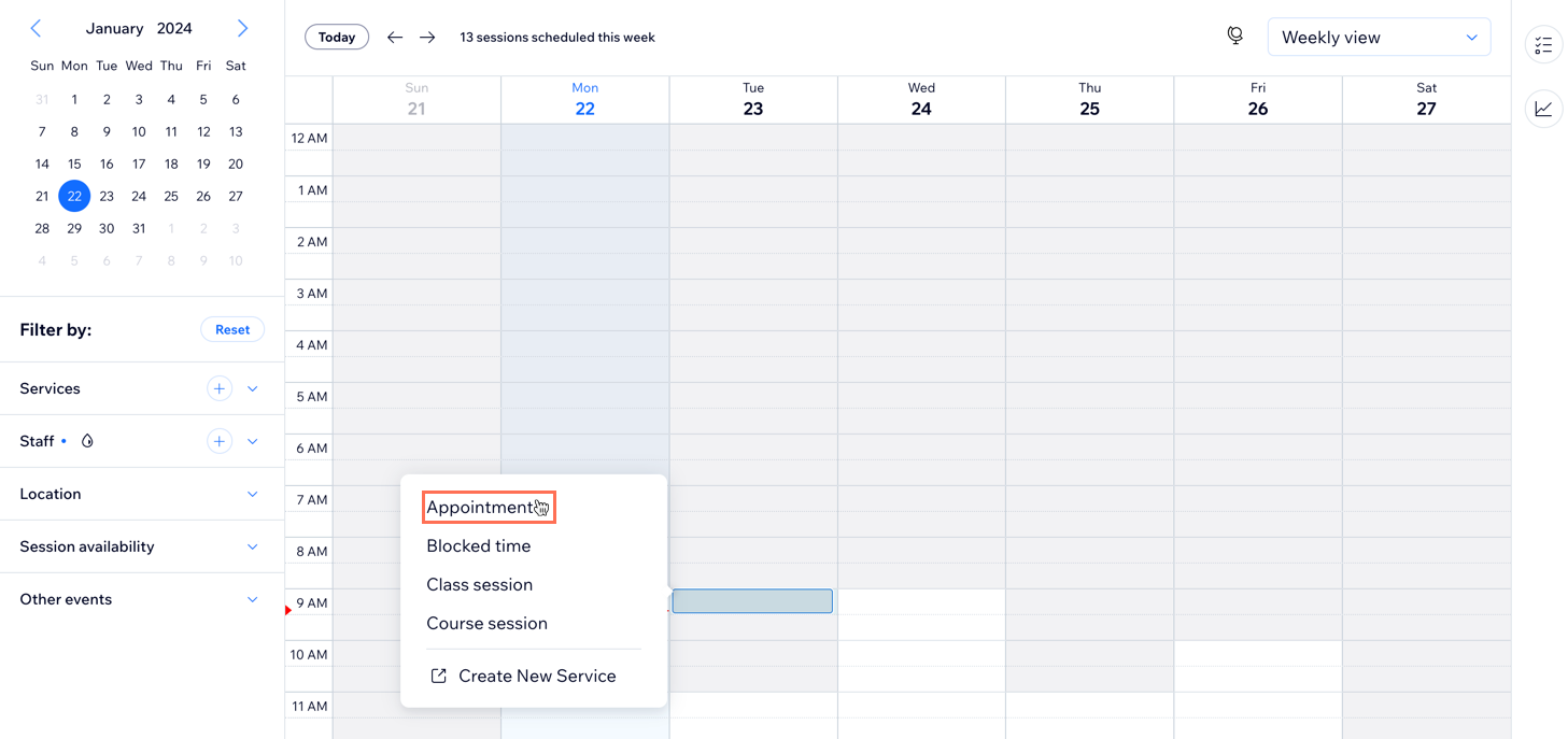 A screenshot showing where to add an appointment from your Bookings Calendar.