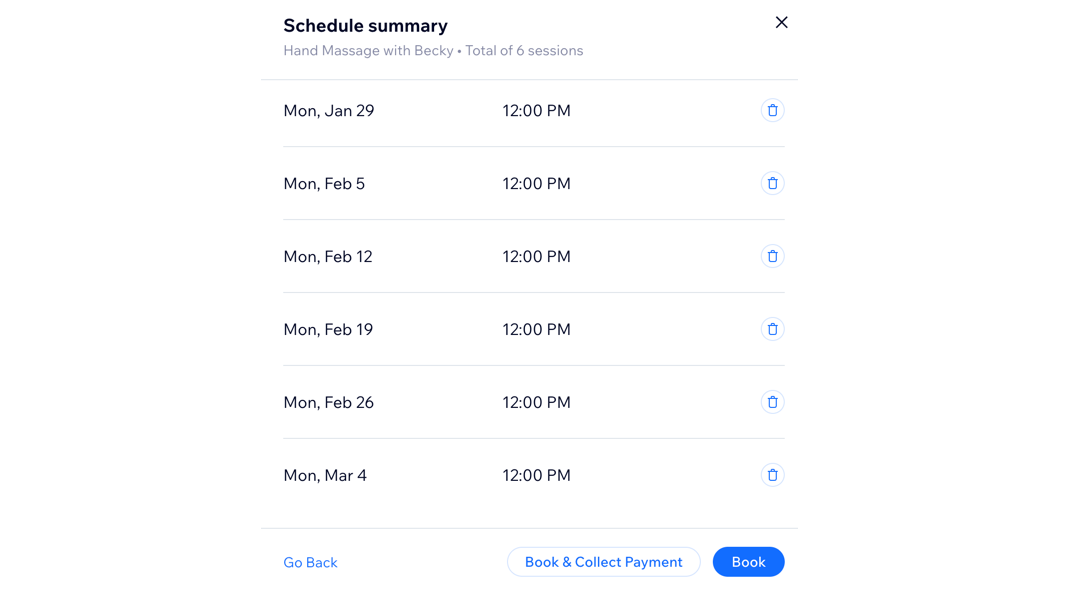 A screenshot of the Schedule Summary where users can remove a session, book the session or book & collect payment .