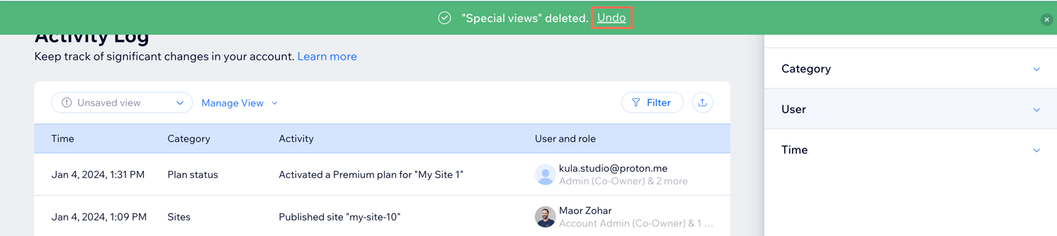 A screenshot showing the pop up of how to undo a deleted view from the Activity Log.