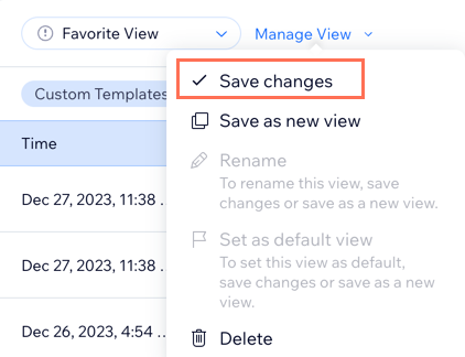 A screenshot showing how to save changes on an Activity Log view.