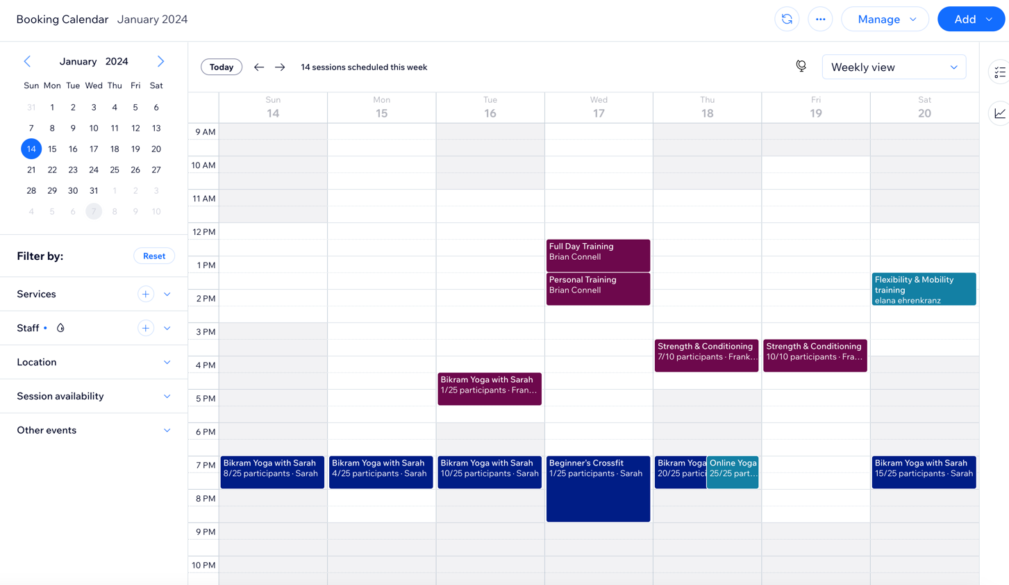 Screenshot che mostra il Calendario delle prenotazioni con i filtri applicati