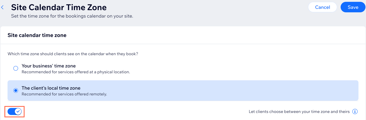 A screen shot showing enabling the toggle to let clients choose to view your site in your time zone or theirs.