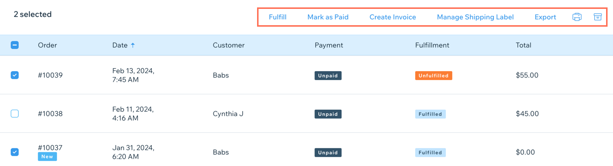 A screenshot showing how to make updates to multiple orders at once.