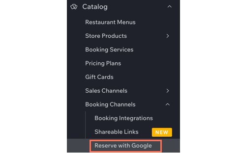 A screenshot showing the reserve with google tab under catalog tab in the booking channels section in your site's dashboard.