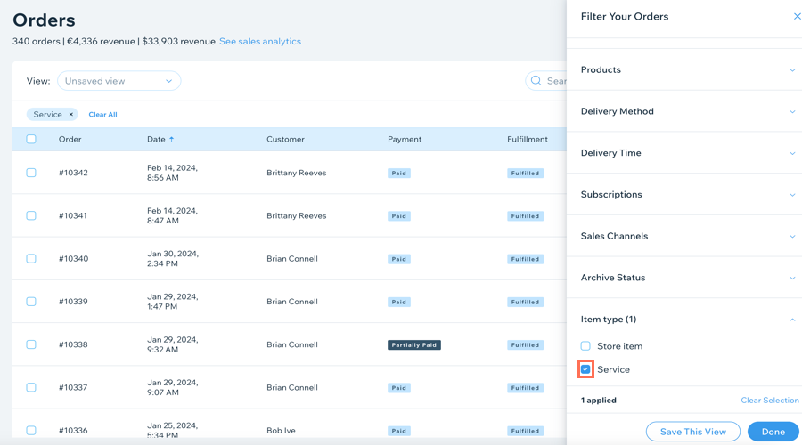 A screenshot showing how to filter your orders in the orders tab in the dashboard.