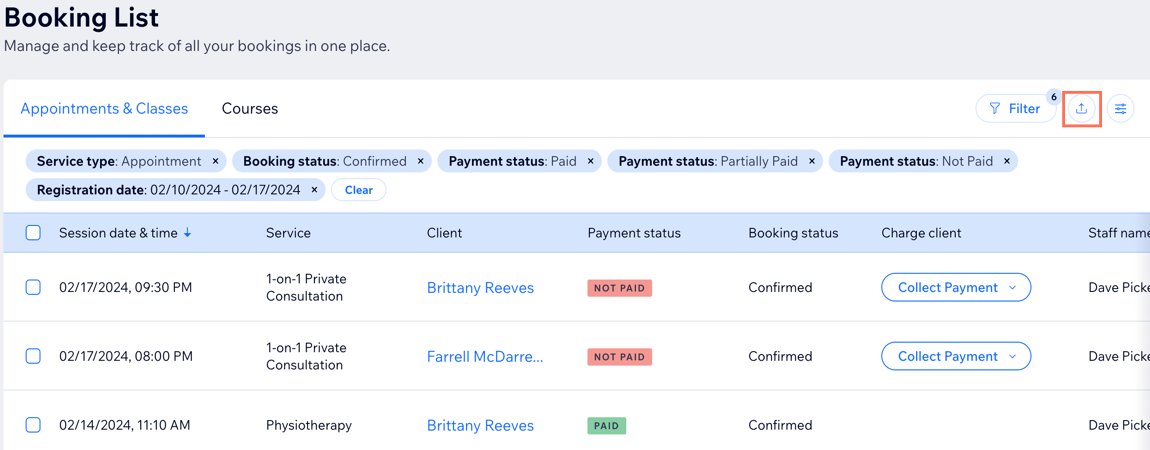 A screenshot showing how to export Bookings List to download as a CSV file.