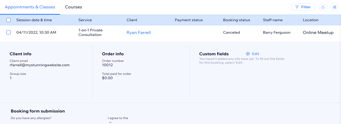 A screenshot showing the information provided by the client at checkout when they booked.