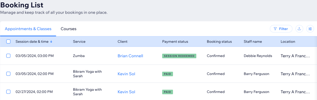 A screenshot showing your Bookings List in the dashboard.