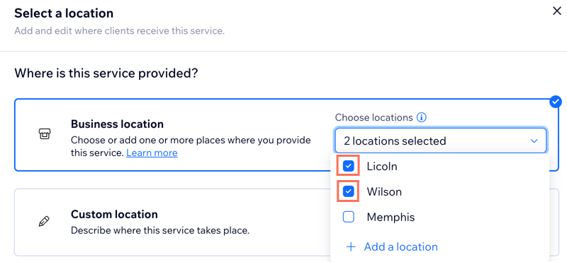 A screenshot showing how to select the business locations where you offer a service.