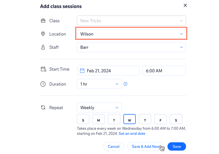 A screenshot showing how to set the locations where you offer class sessions on each day of the week.