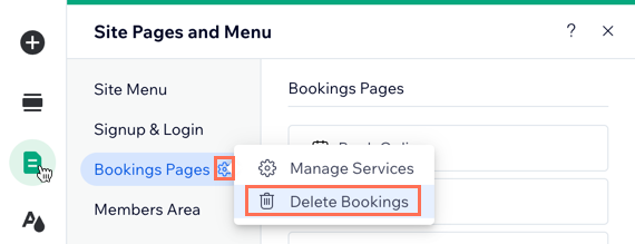 A screenshot showing how to delete Wix Bookings in the Wix Editor.