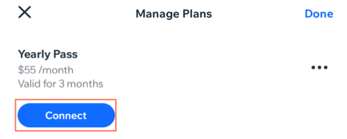 Capture d'écran montrant comment connecter un cours à une formule de paiement sur l'appli Wix Owner.