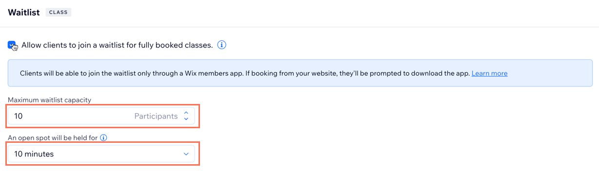 A screenshot of the dashboard showing how to set the waitlist capacity and the length of time spots are held for.