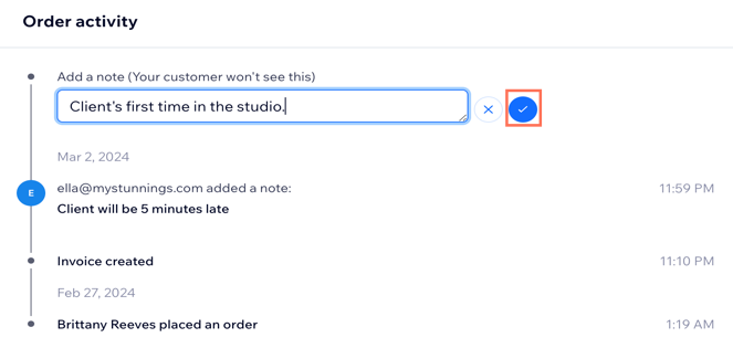 A screenshot showing how to add a note to an order in the orders tab in the dashboard.