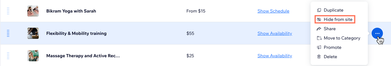 A screenshot showing how to hide a service in the Bookings Services tab of the dashboard.