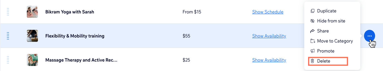 A screenshot of how to delete a service in the Bookings Services tab of the dashboard.