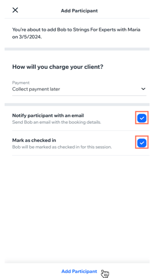 A screenshot showing how to choose the payment method, check-in status and email notification for a waitlist participant.