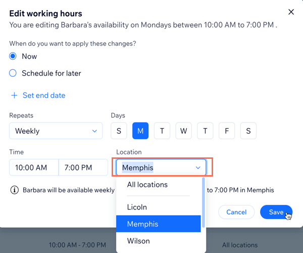 A screenshot showing how to choose the location where a staff member works on a specific day of the week.