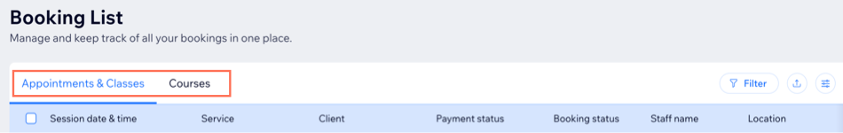 A screenshot showing where to choose to view appointments and classes or courses in the Booking list page