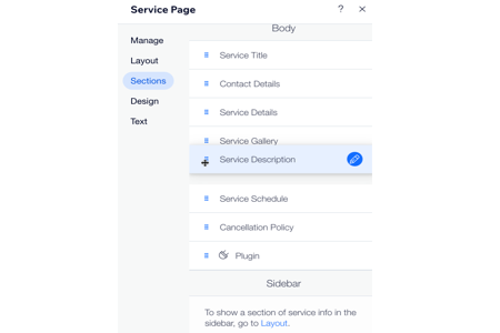 Une capture d'écran montrant comment faire glisser et déposer pour modifier l'ordre des sections sur la page du service.