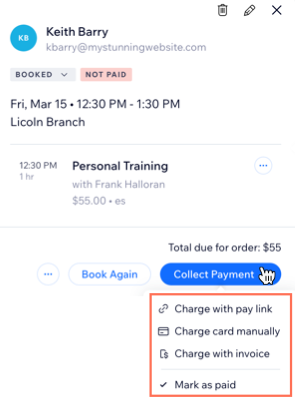 A screenshot showing where you click collect payment for a client's appointment and all the options to charge them.